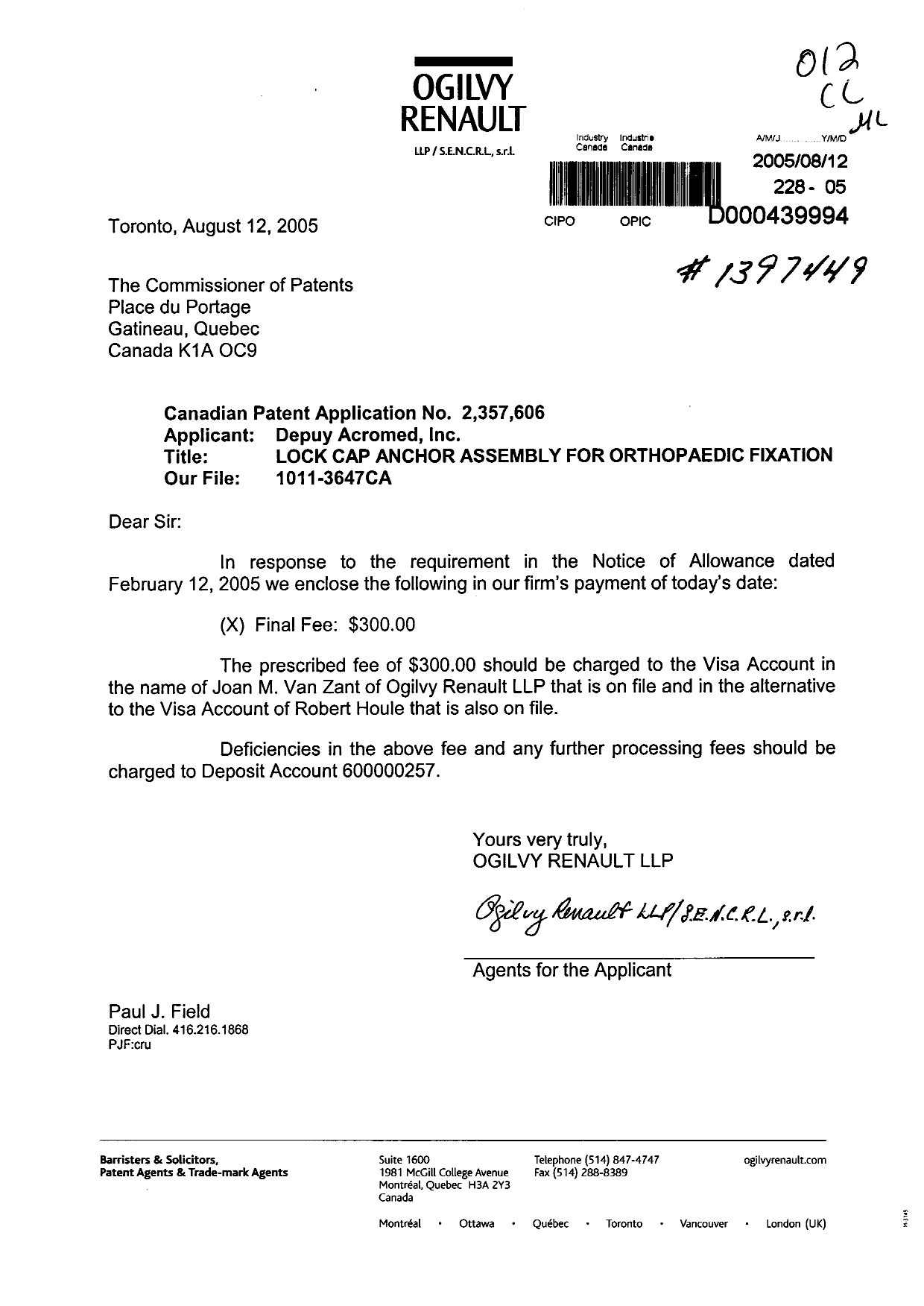 Canadian Patent Document 2357606. Correspondence 20050812. Image 1 of 1
