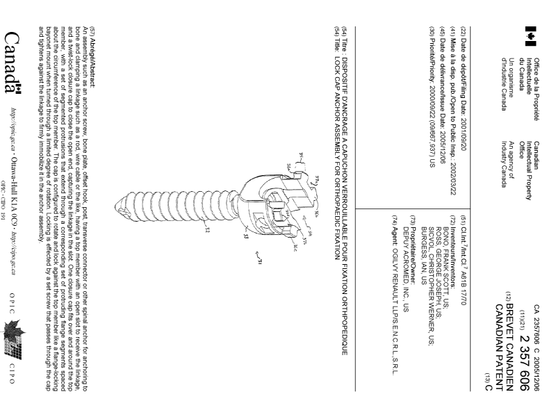 Canadian Patent Document 2357606. Cover Page 20051110. Image 1 of 1