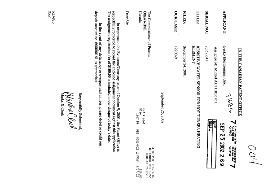 Document de brevet canadien 2357641. Cession 20020925. Image 1 de 2