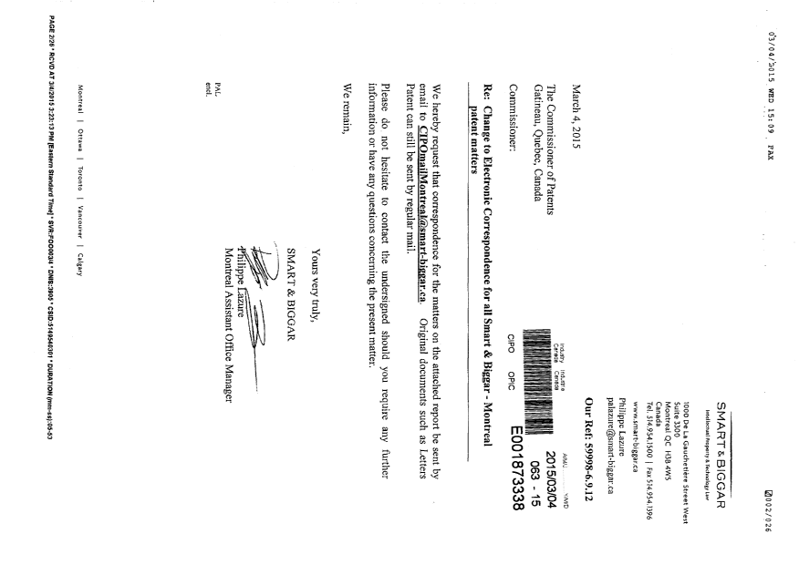 Document de brevet canadien 2357641. Correspondance 20150304. Image 1 de 3