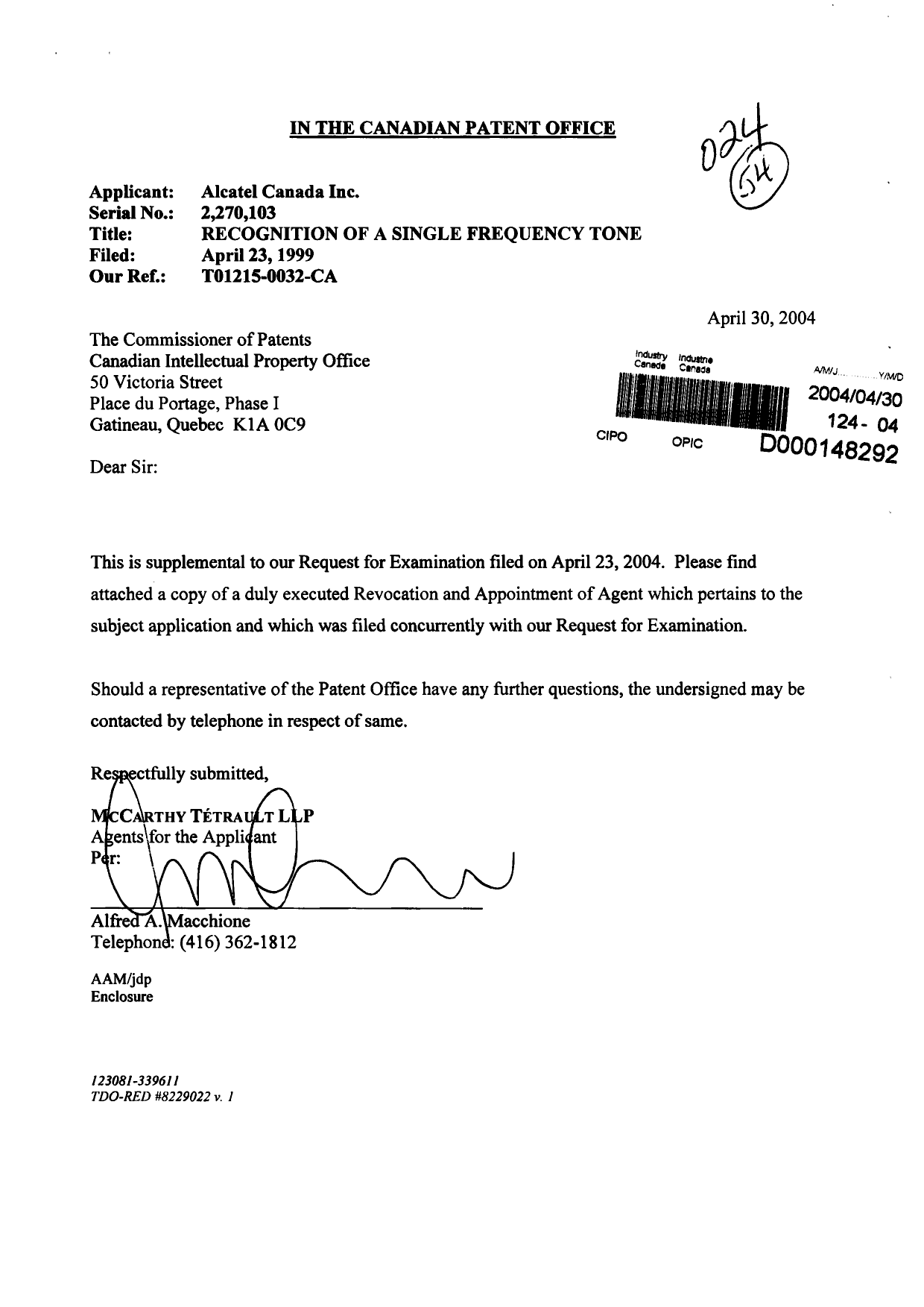 Document de brevet canadien 2357932. Correspondance 20040430. Image 1 de 6