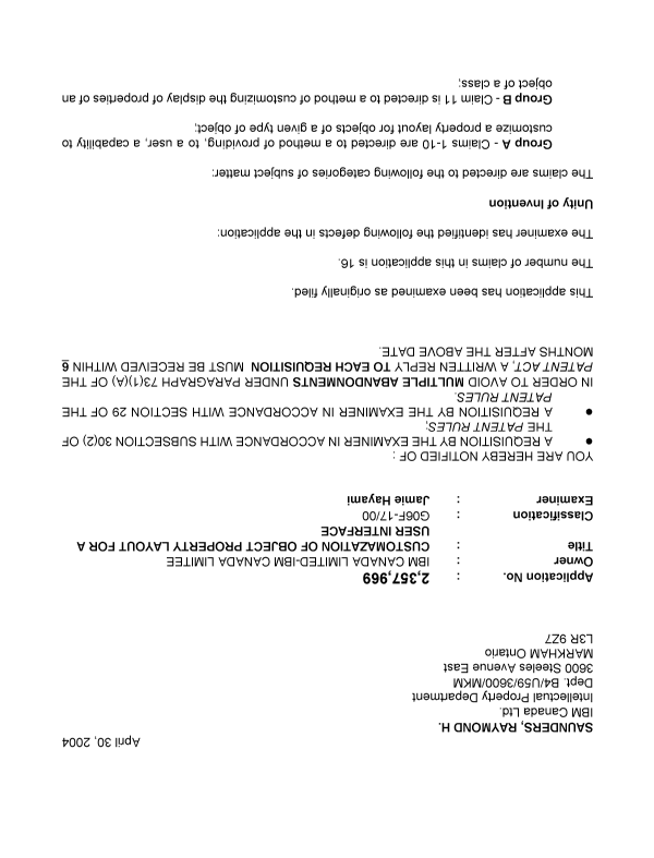 Document de brevet canadien 2357969. Poursuite-Amendment 20040430. Image 1 de 4