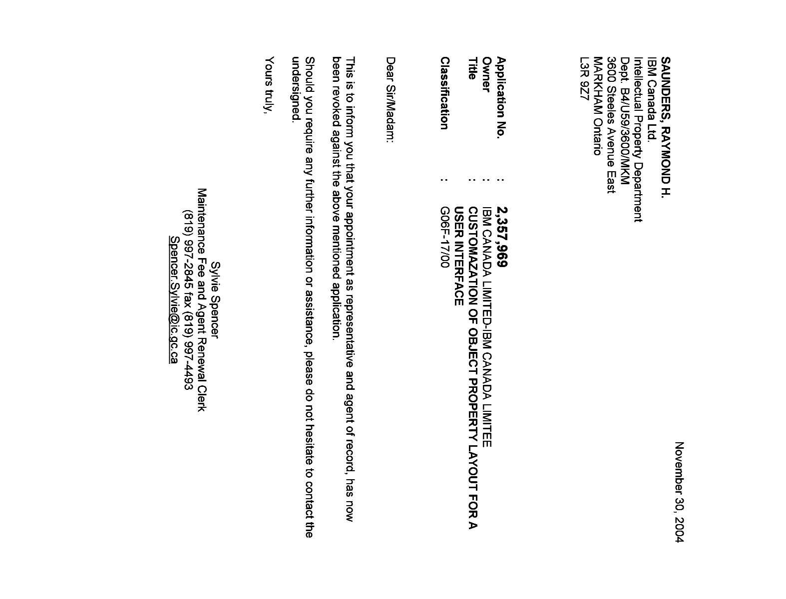 Canadian Patent Document 2357969. Correspondence 20041130. Image 1 of 1