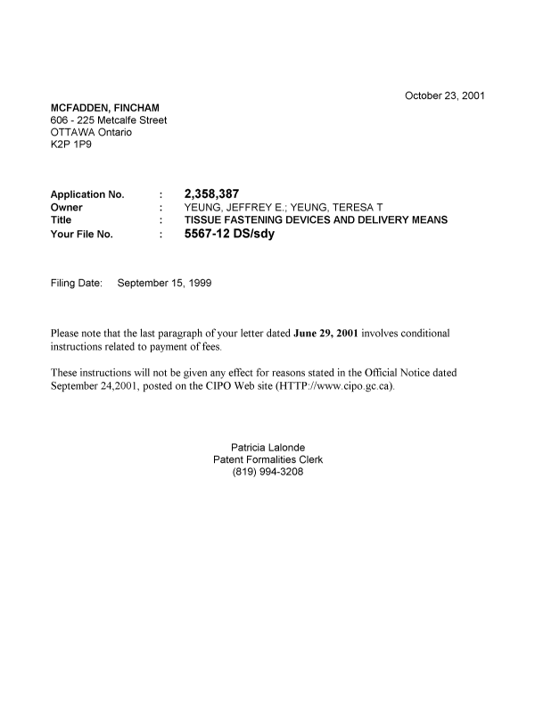 Document de brevet canadien 2358387. Correspondance 20011019. Image 1 de 1