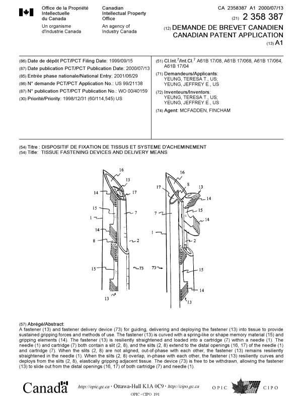 Canadian Patent Document 2358387. Cover Page 20011119. Image 1 of 1