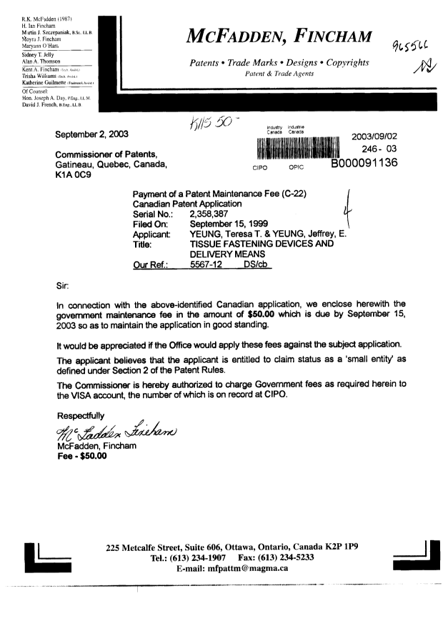 Document de brevet canadien 2358387. Taxes 20030902. Image 1 de 1