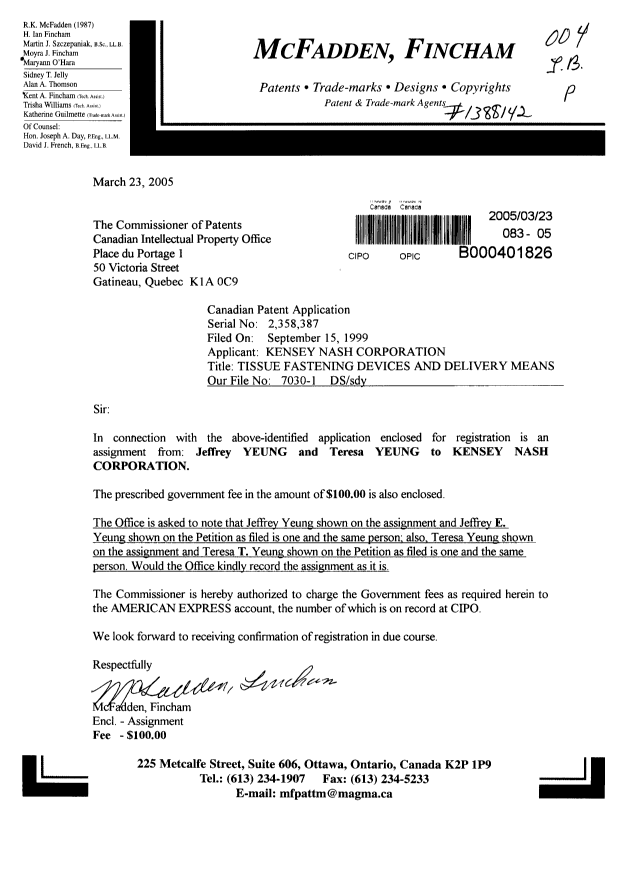 Document de brevet canadien 2358387. Cession 20050323. Image 1 de 4
