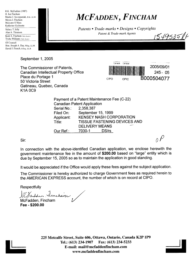 Document de brevet canadien 2358387. Taxes 20050901. Image 1 de 1