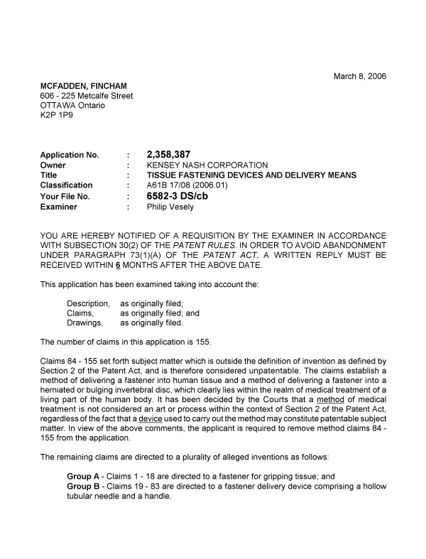 Document de brevet canadien 2358387. Poursuite-Amendment 20060308. Image 1 de 4