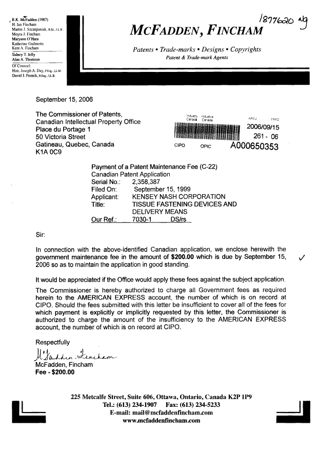 Document de brevet canadien 2358387. Taxes 20060915. Image 1 de 1