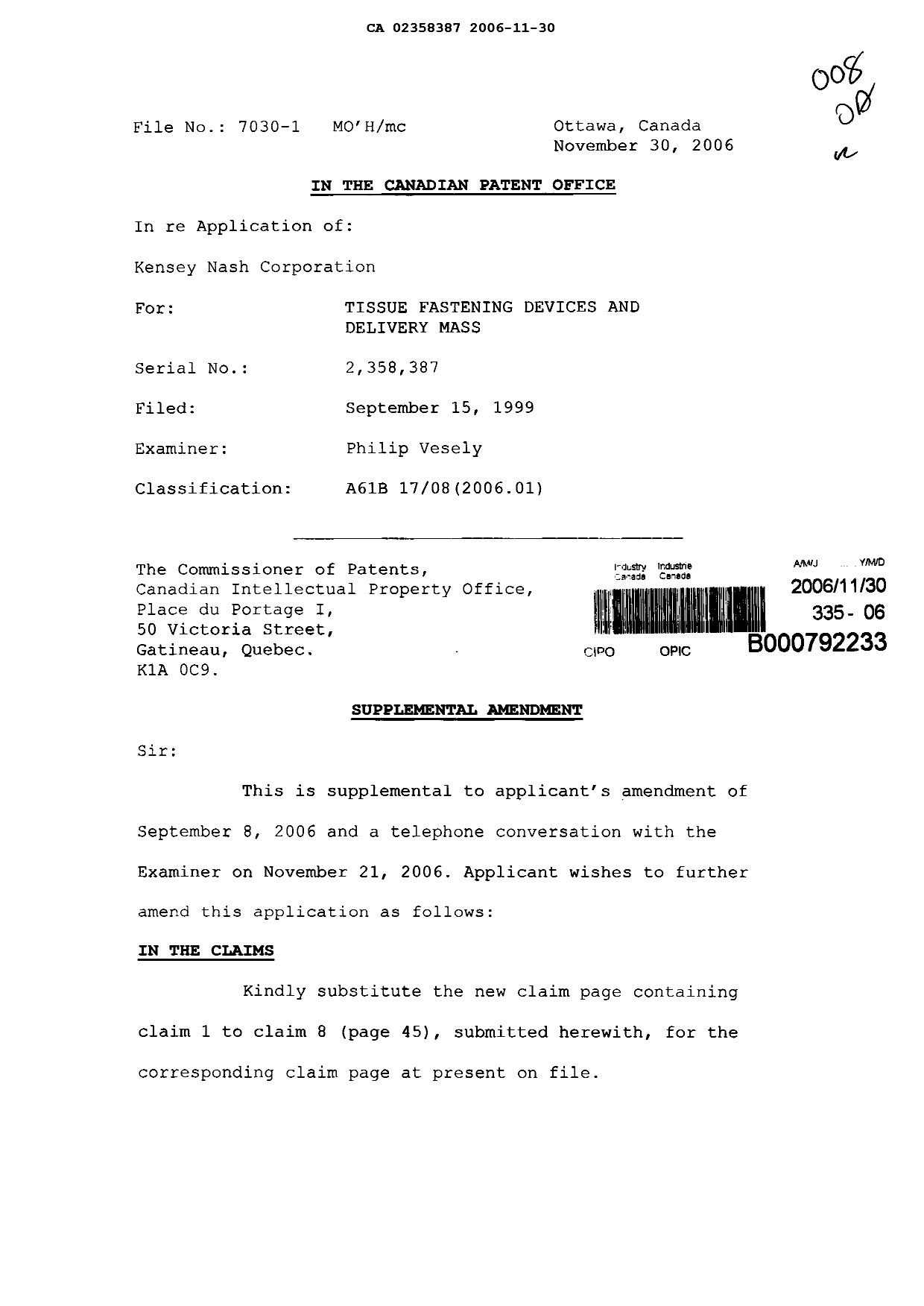 Canadian Patent Document 2358387. Prosecution-Amendment 20061130. Image 1 of 3