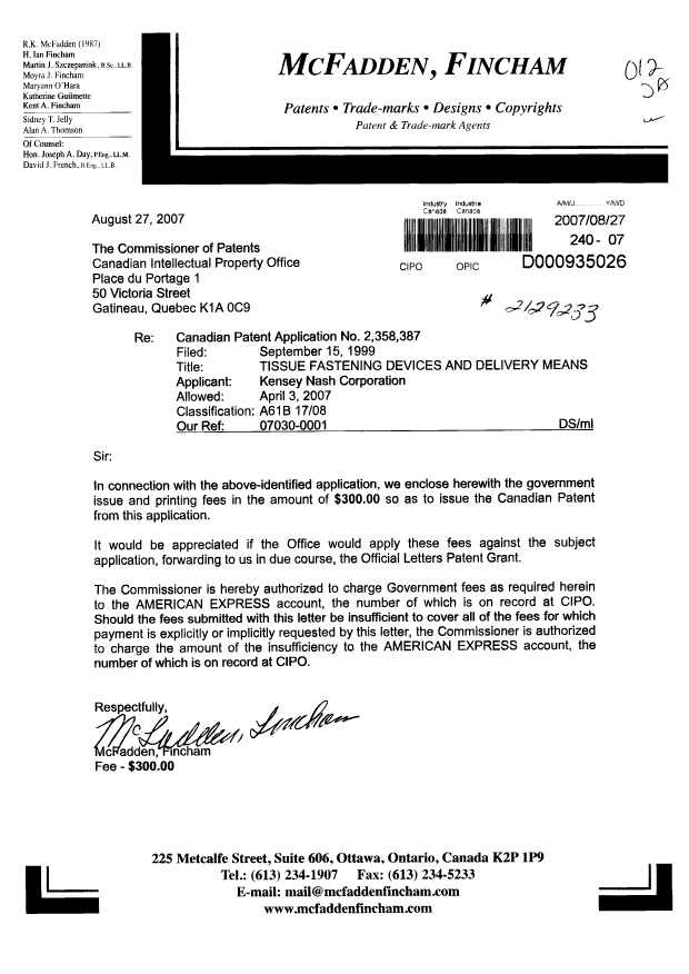 Document de brevet canadien 2358387. Correspondance 20070827. Image 1 de 1