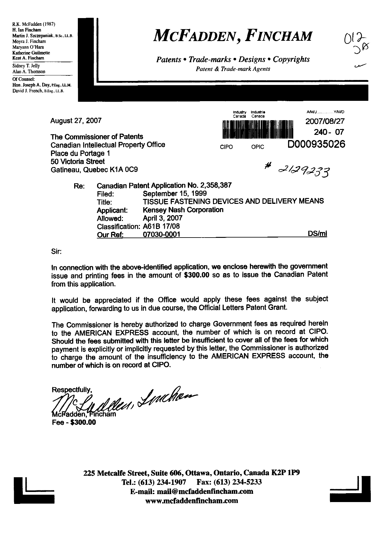 Canadian Patent Document 2358387. Correspondence 20070827. Image 1 of 1
