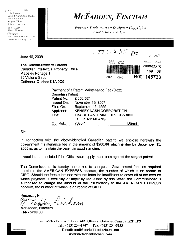 Document de brevet canadien 2358387. Taxes 20080616. Image 1 de 1