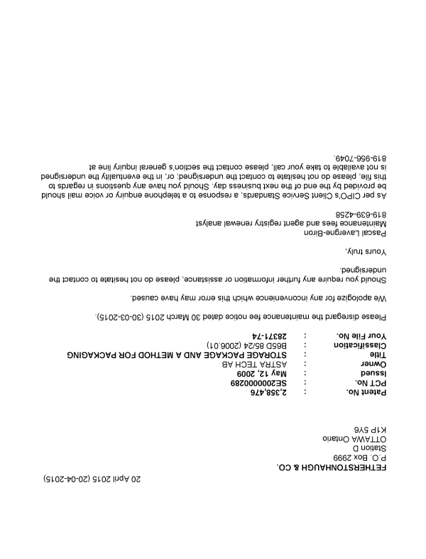 Canadian Patent Document 2358476. Correspondence 20150420. Image 1 of 1