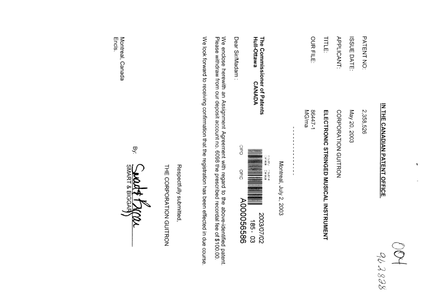 Document de brevet canadien 2358526. Cession 20030702. Image 1 de 3