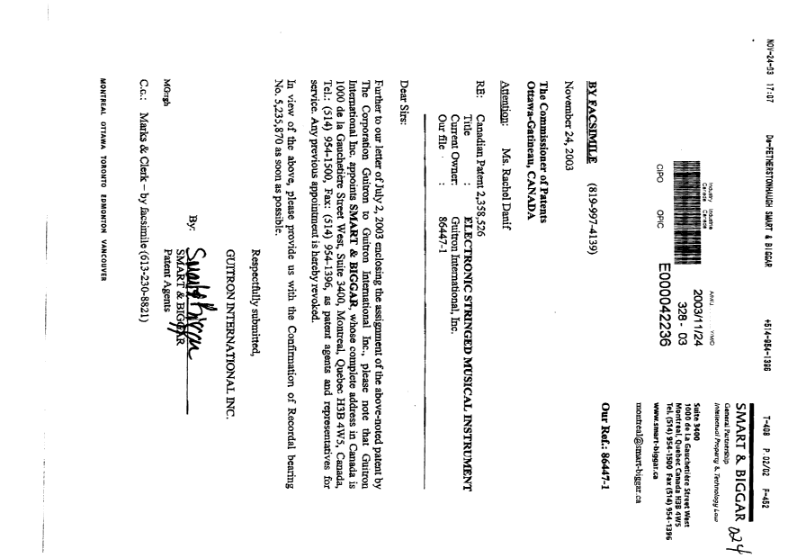 Document de brevet canadien 2358526. Correspondance 20031124. Image 1 de 2