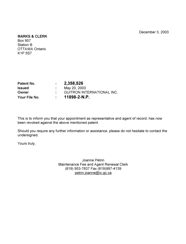 Canadian Patent Document 2358526. Correspondence 20031203. Image 1 of 1