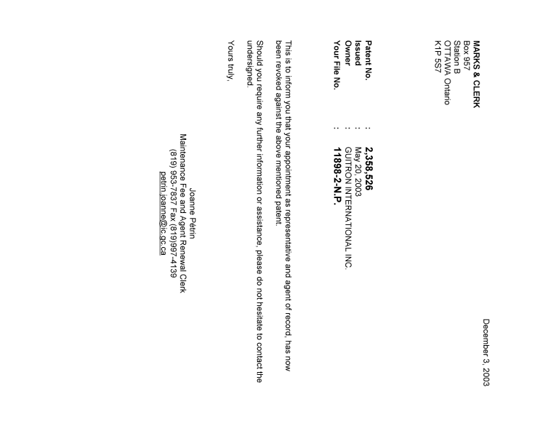Document de brevet canadien 2358526. Correspondance 20031203. Image 1 de 1