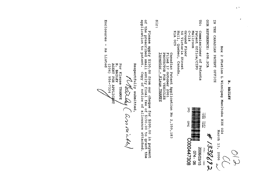 Canadian Patent Document 2359183. Correspondence 20060315. Image 1 of 2