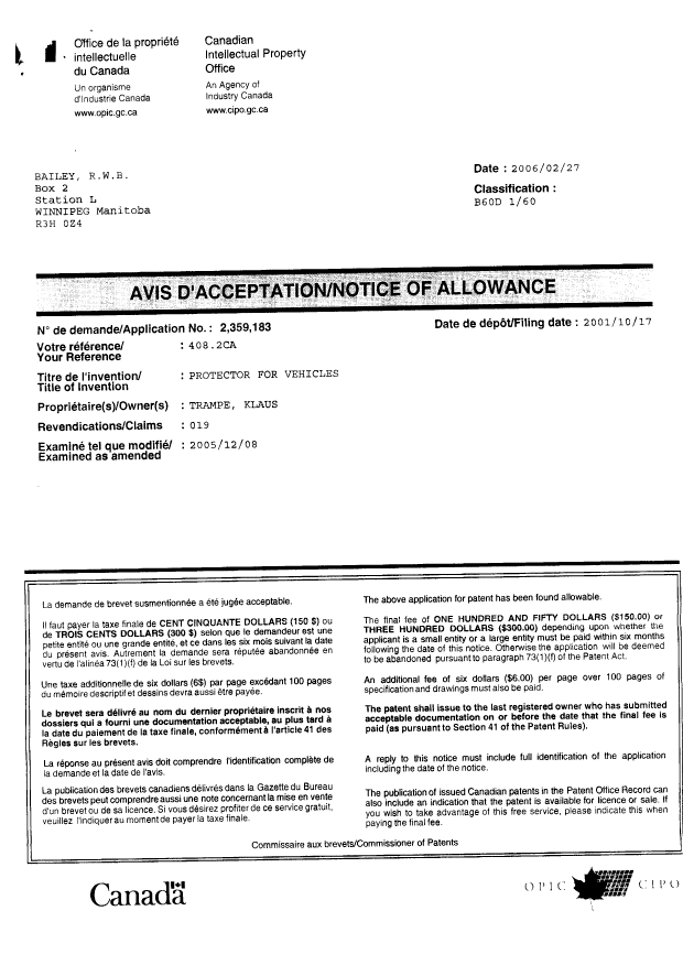 Document de brevet canadien 2359183. Correspondance 20060315. Image 2 de 2