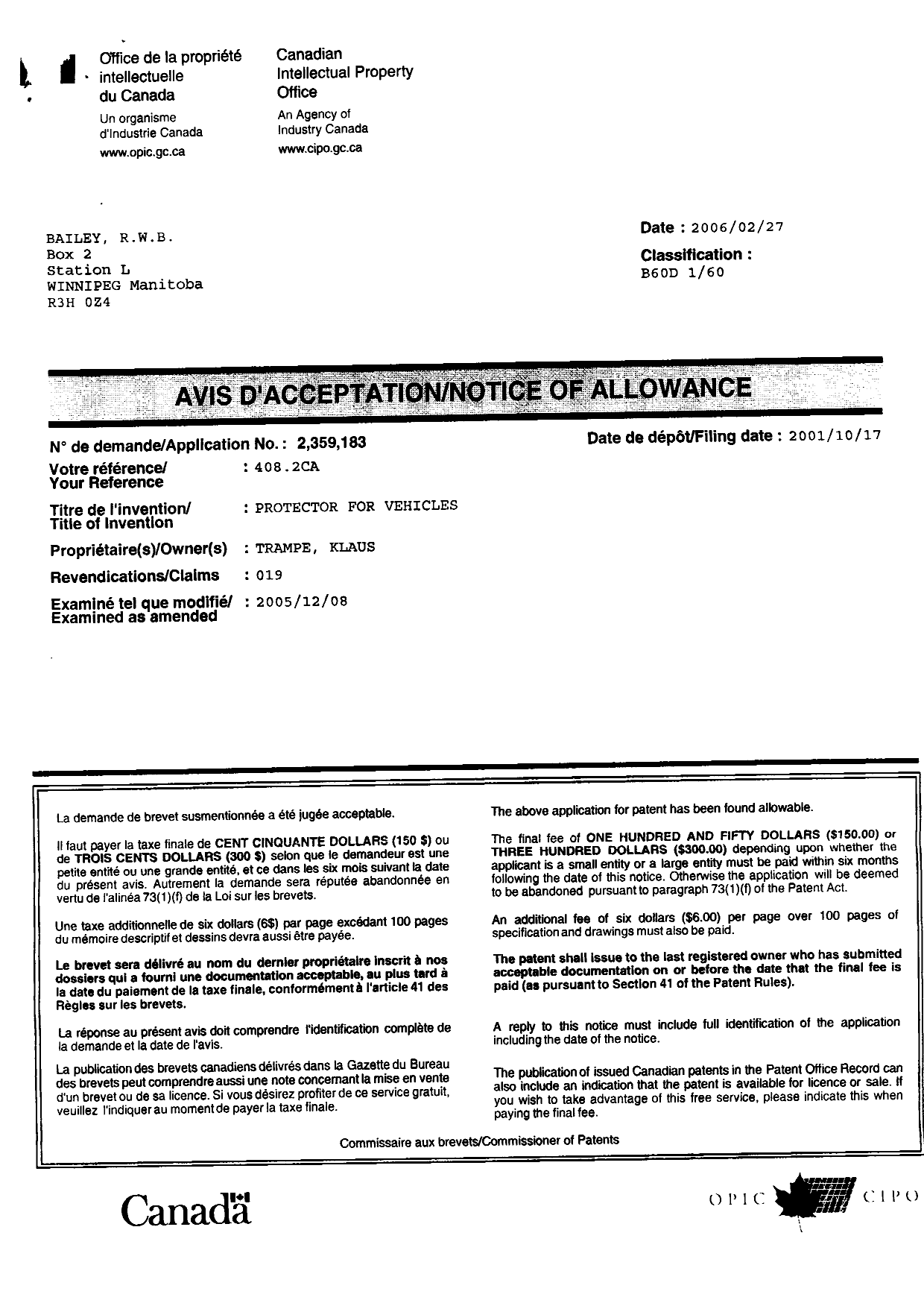Canadian Patent Document 2359183. Correspondence 20060315. Image 2 of 2