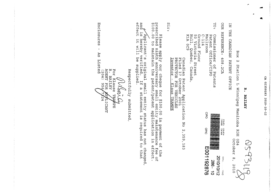 Document de brevet canadien 2359183. Taxes 20101012. Image 1 de 1