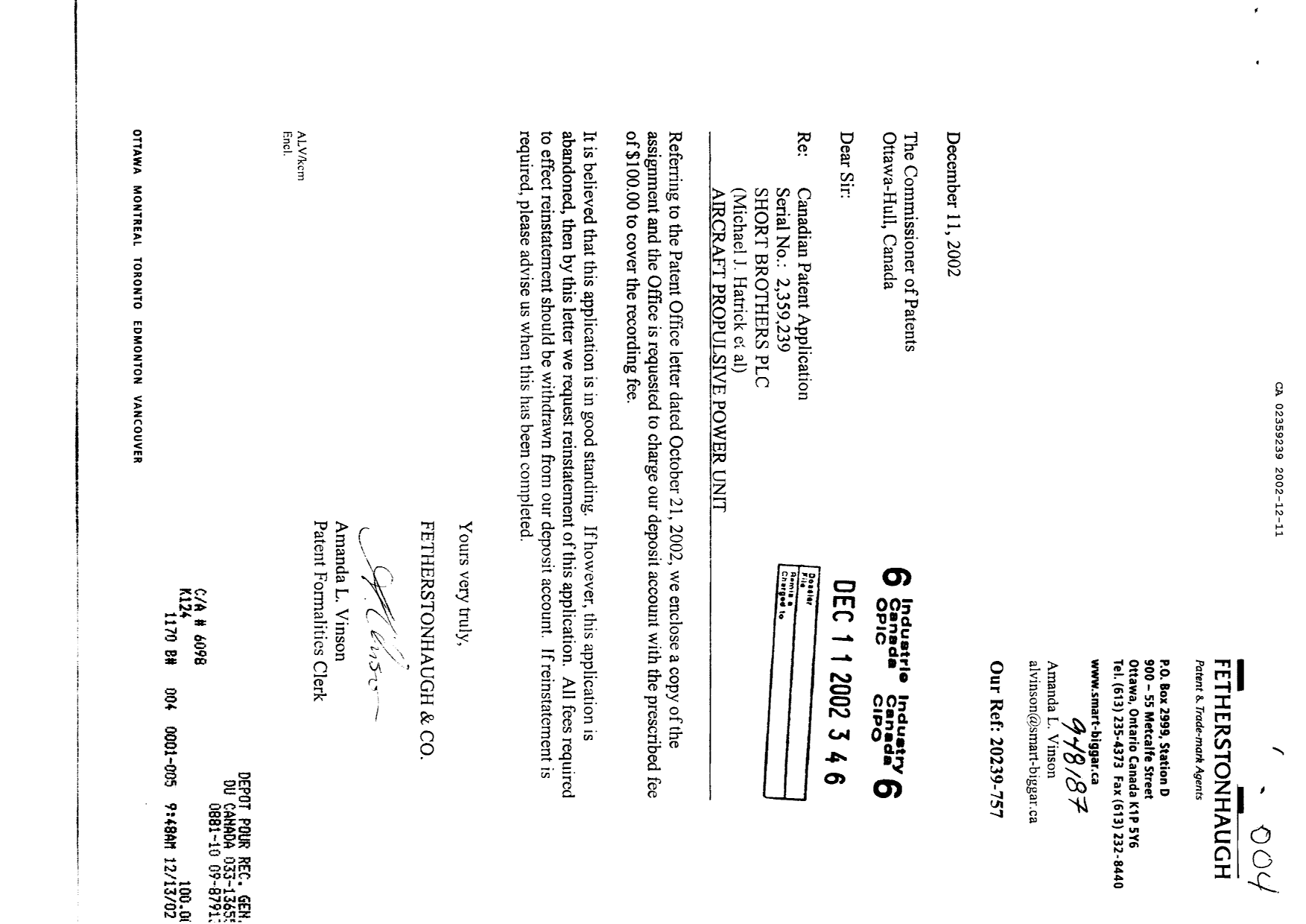 Canadian Patent Document 2359239. Assignment 20021211. Image 1 of 2