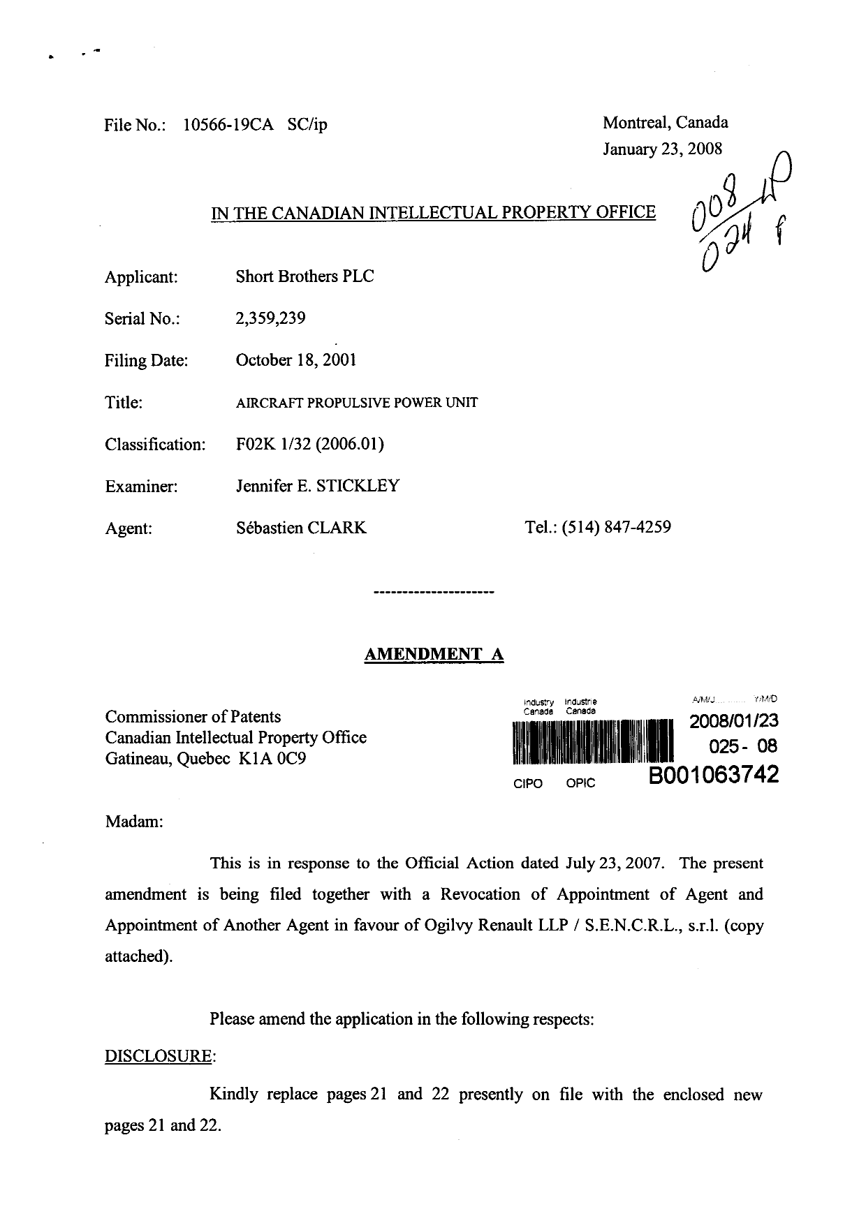 Canadian Patent Document 2359239. Correspondence 20080123. Image 1 of 4