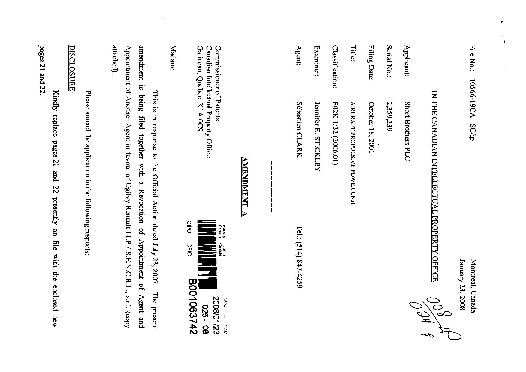 Canadian Patent Document 2359239. Correspondence 20080123. Image 1 of 4