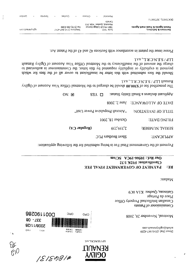 Canadian Patent Document 2359239. Correspondence 20081128. Image 1 of 2
