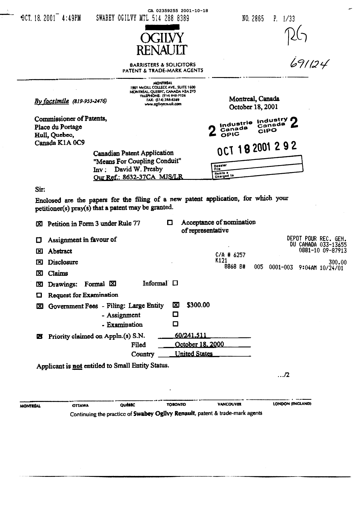 Document de brevet canadien 2359255. Cession 20011018. Image 1 de 3