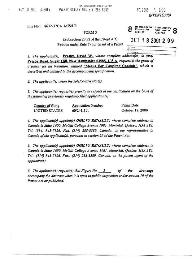 Document de brevet canadien 2359255. Cession 20011018. Image 3 de 3