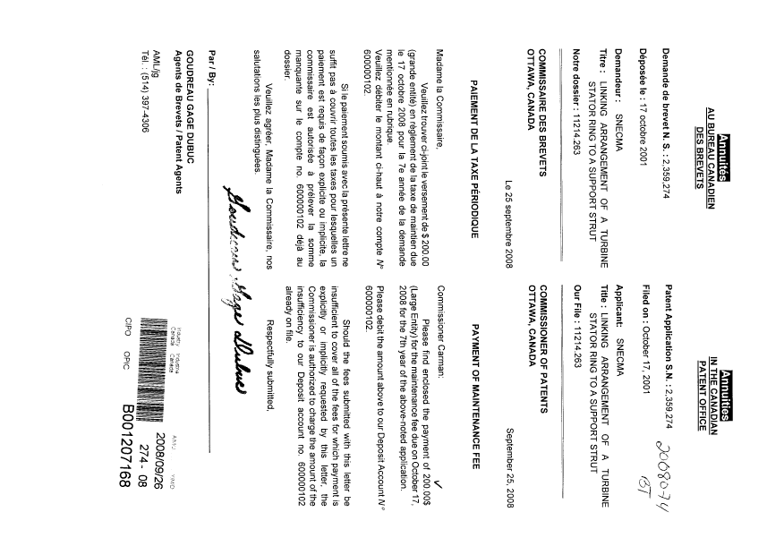 Document de brevet canadien 2359274. Taxes 20080926. Image 1 de 1