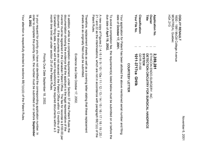 Document de brevet canadien 2359281. Correspondance 20011106. Image 1 de 2