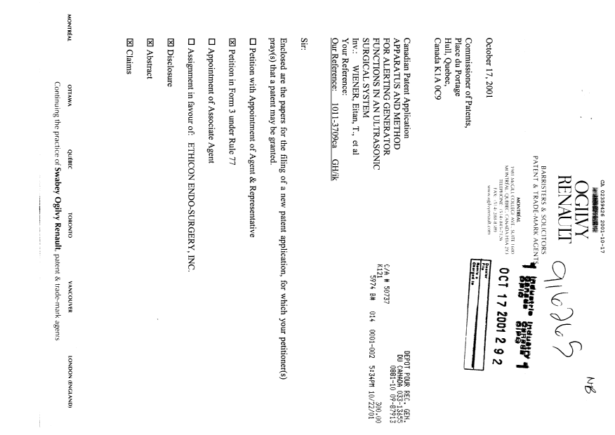 Document de brevet canadien 2359426. Cession 20011017. Image 1 de 3