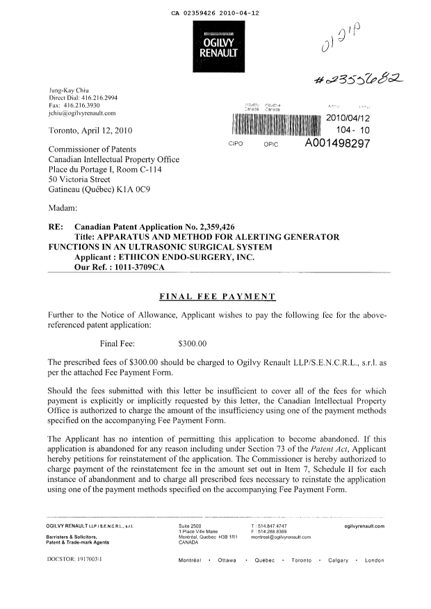 Document de brevet canadien 2359426. Correspondance 20100412. Image 1 de 2