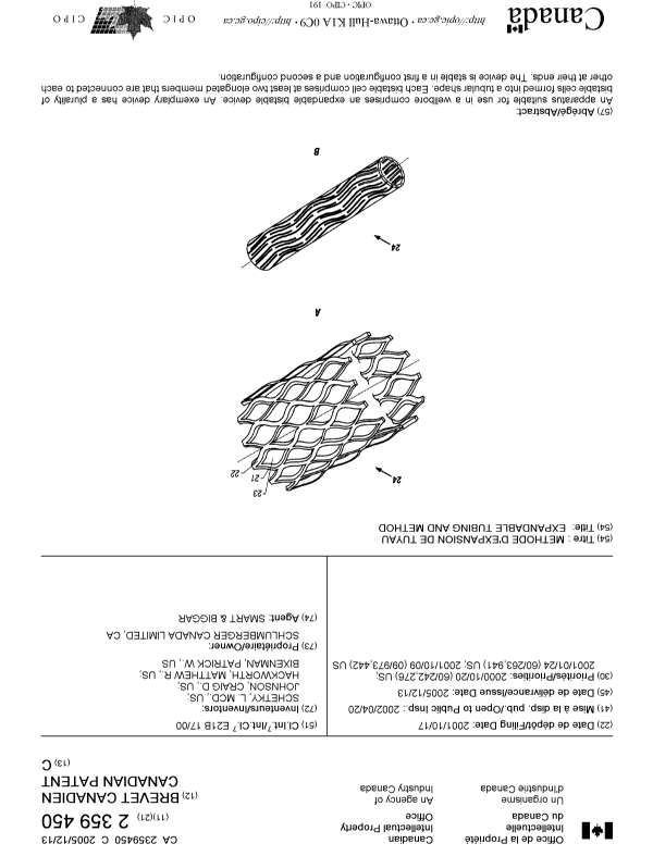 Canadian Patent Document 2359450. Cover Page 20051121. Image 1 of 1
