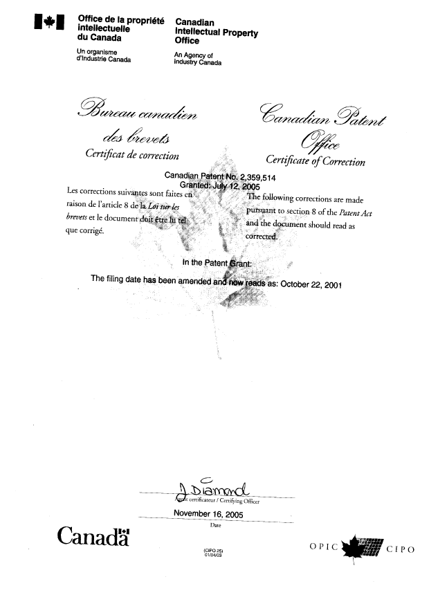 Document de brevet canadien 2359514. Poursuite-Amendment 20051116. Image 2 de 2