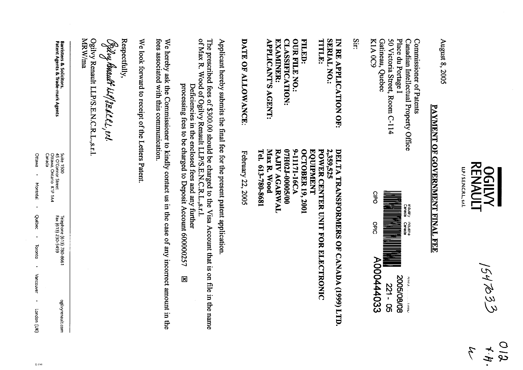 Canadian Patent Document 2359525. Correspondence 20050808. Image 1 of 1