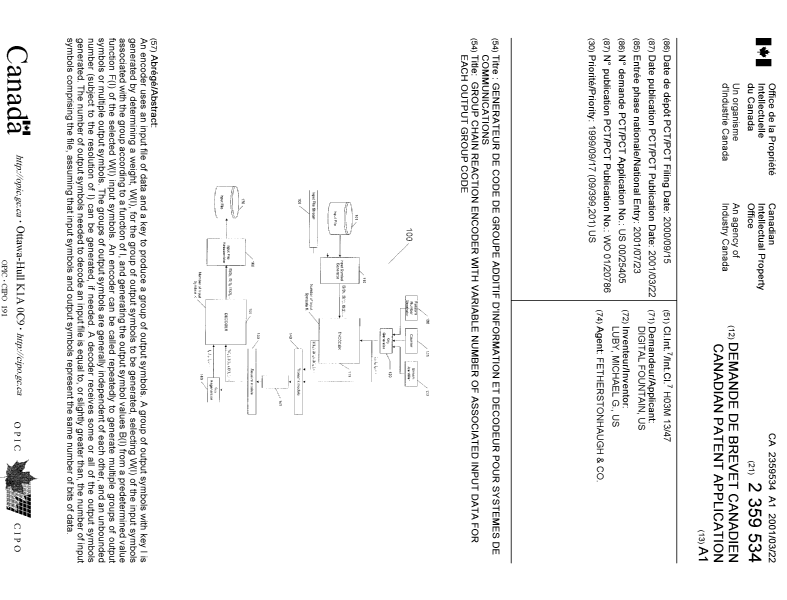 Document de brevet canadien 2359534. Page couverture 20011123. Image 1 de 1