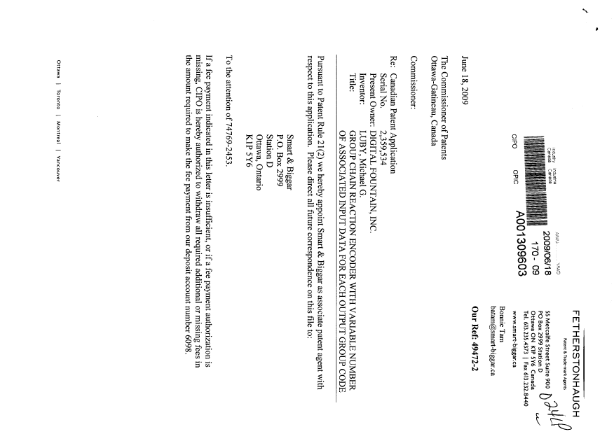 Document de brevet canadien 2359534. Correspondance 20090618. Image 1 de 2