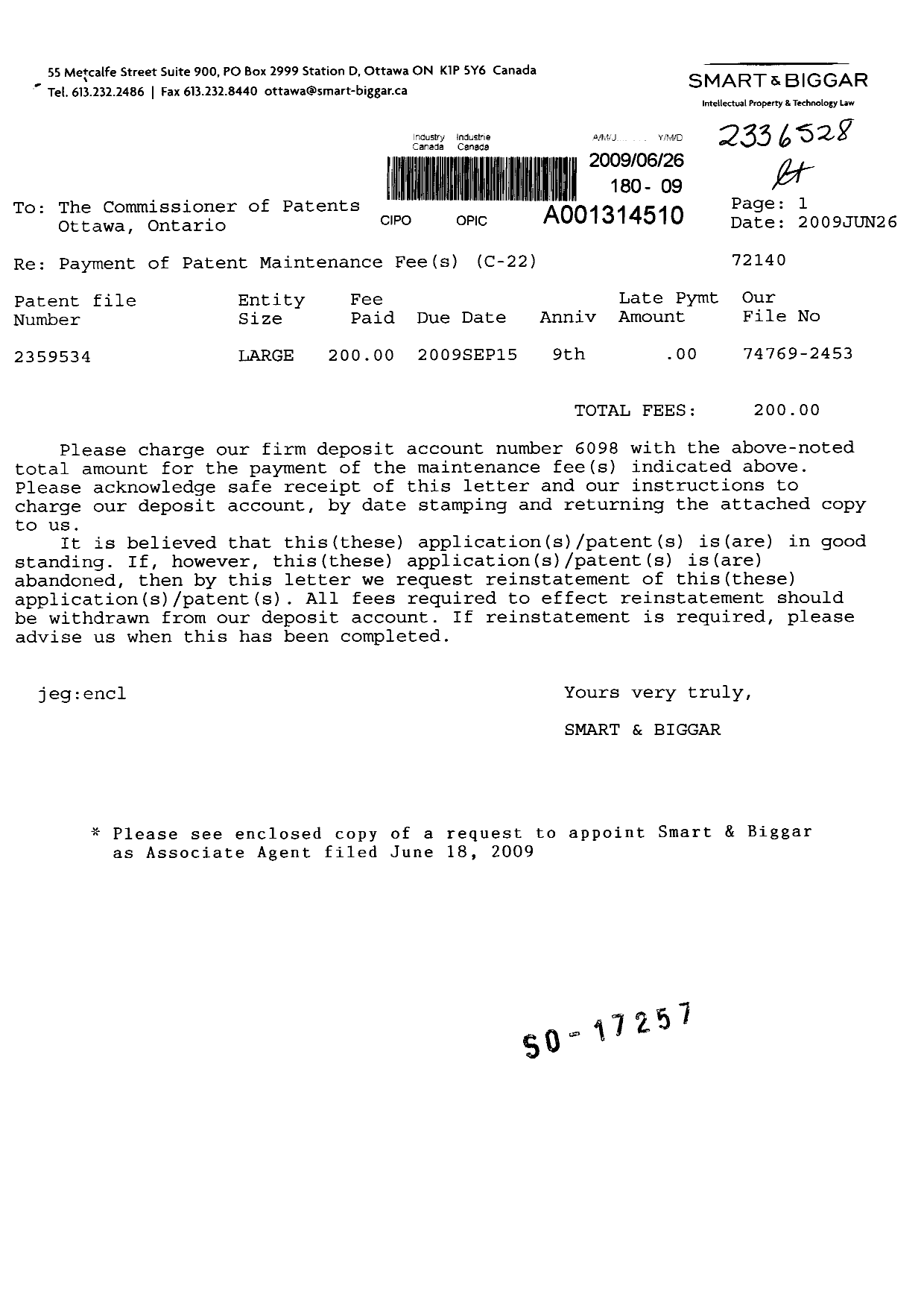 Document de brevet canadien 2359534. Taxes 20090626. Image 1 de 3