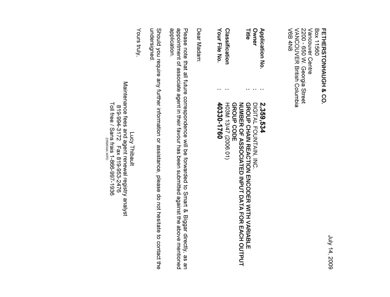 Document de brevet canadien 2359534. Correspondance 20090714. Image 1 de 1