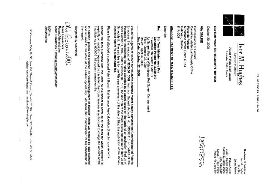 Canadian Patent Document 2359549. Fees 20081020. Image 2 of 3