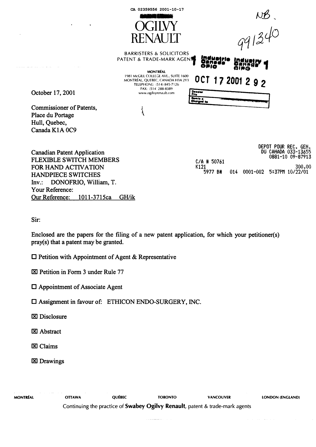Document de brevet canadien 2359556. Cession 20011017. Image 1 de 3