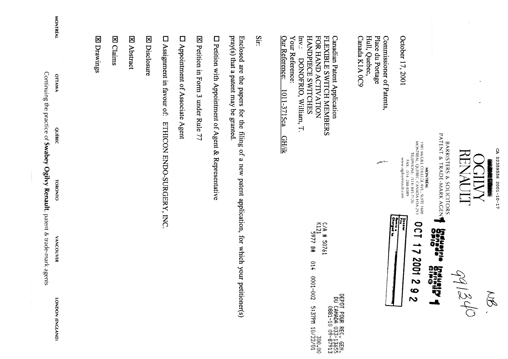 Canadian Patent Document 2359556. Assignment 20011017. Image 1 of 3