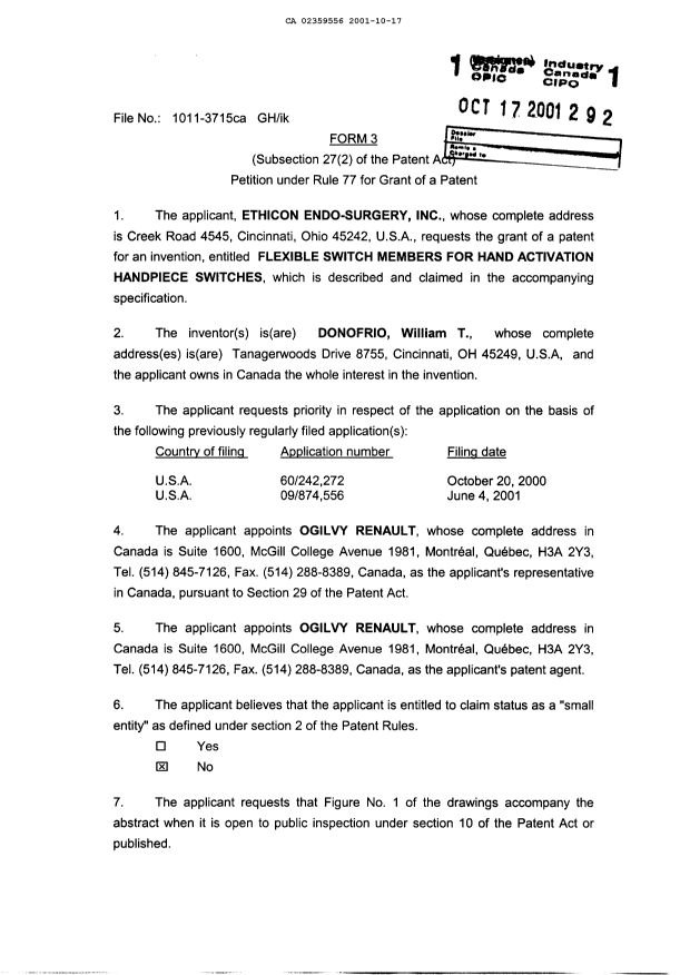Document de brevet canadien 2359556. Cession 20011017. Image 3 de 3