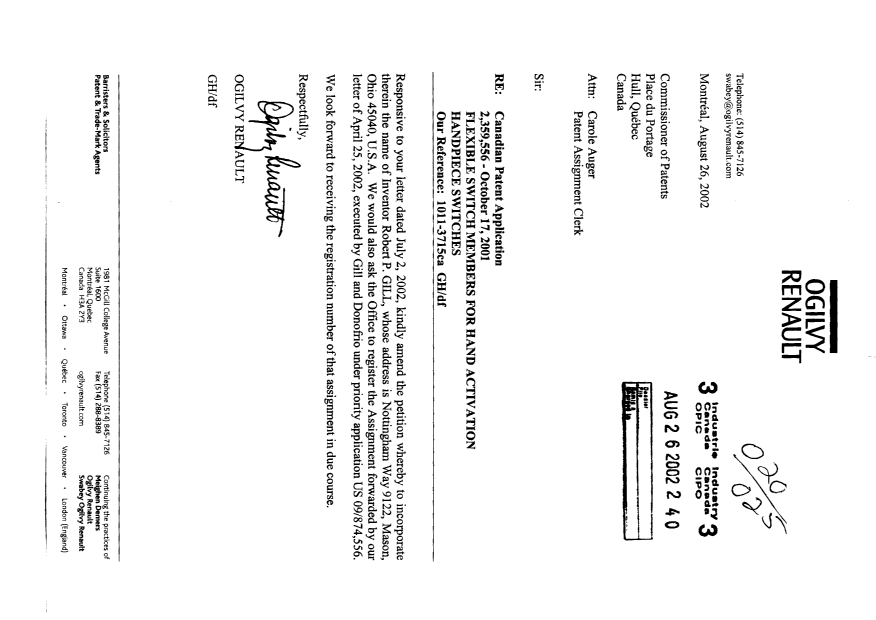 Document de brevet canadien 2359556. Cession 20020826. Image 1 de 1