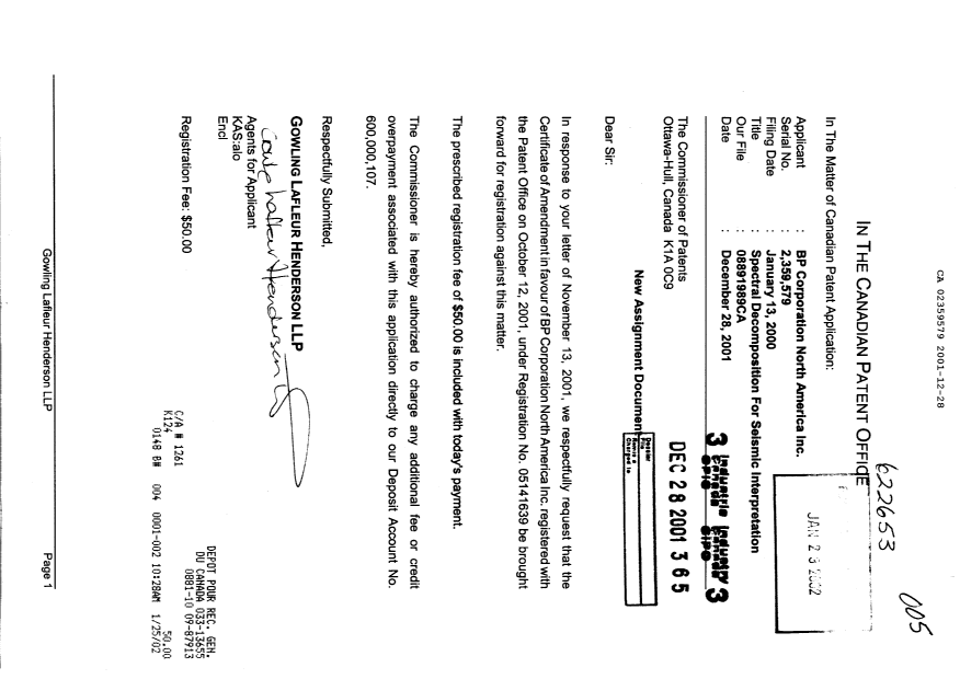 Document de brevet canadien 2359579. Cession 20011228. Image 1 de 1